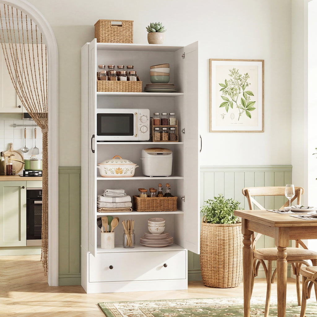 72 Inch Tall Kitchen Pantry Cabinet with Drawers - White