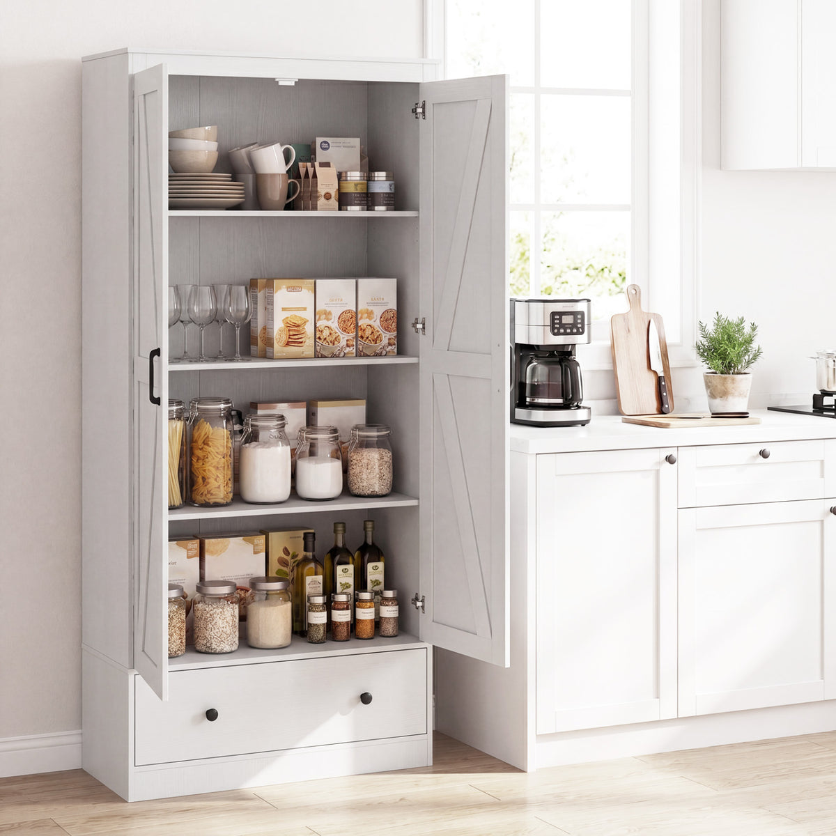 72 Inch Tall Kitchen Pantry Cabinet with Drawers - White