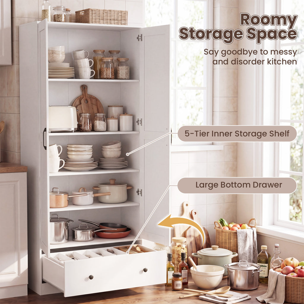 72 Inch Tall Kitchen Pantry Cabinet with 5-Tier Shelves - White