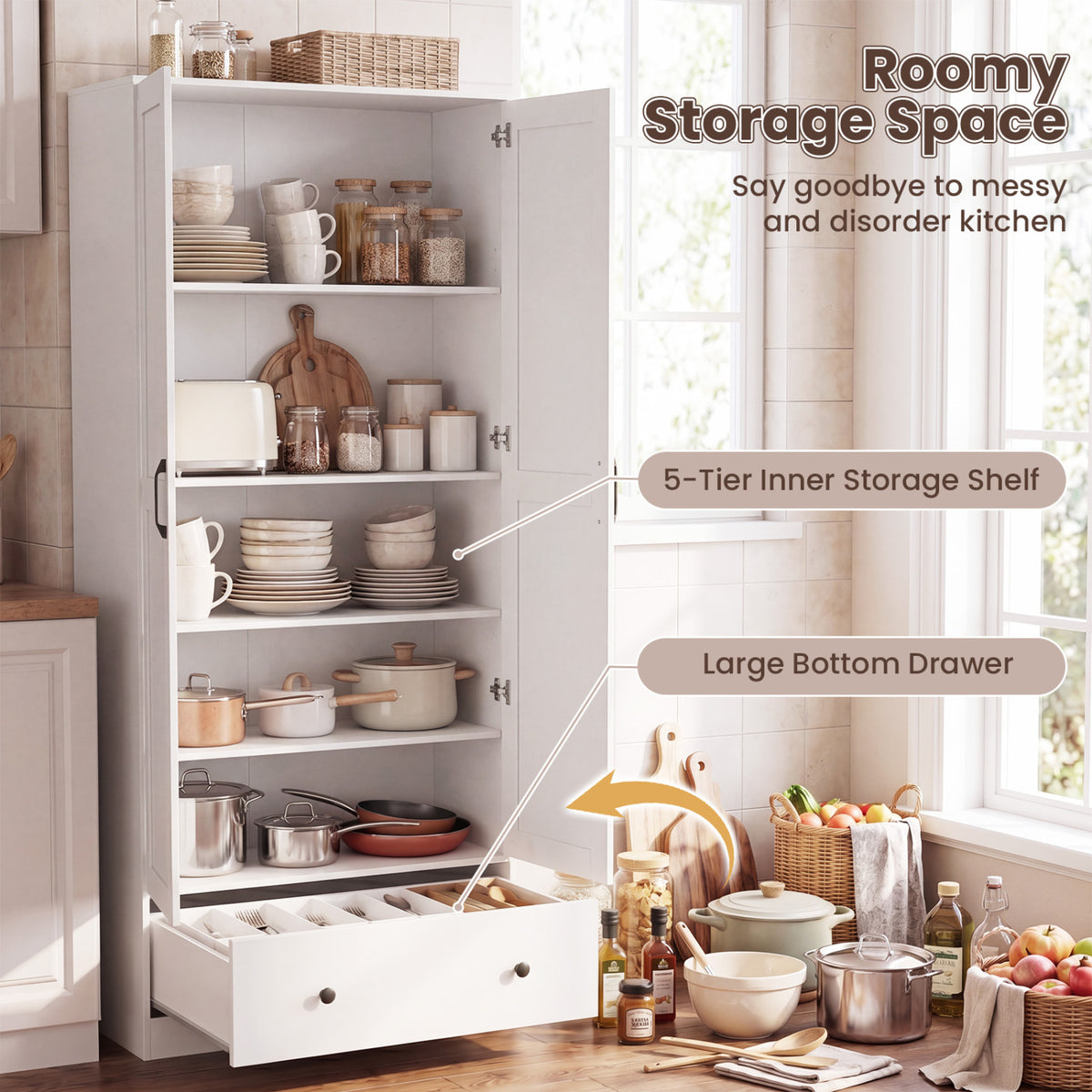 72 Inch Tall Kitchen Pantry Cabinet with 5-Tier Shelves - White