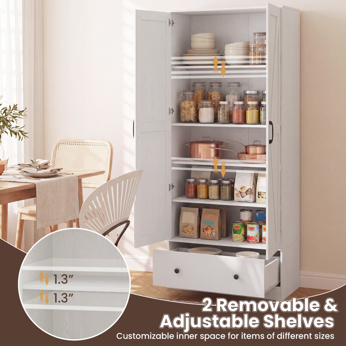72 Inch Tall Kitchen Pantry Cabinet with Drawers - White