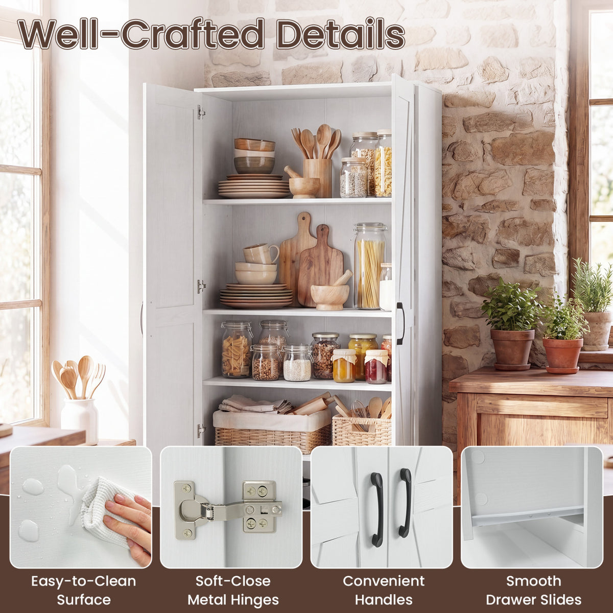 72 Inch Tall Kitchen Pantry Cabinet with Drawers - White