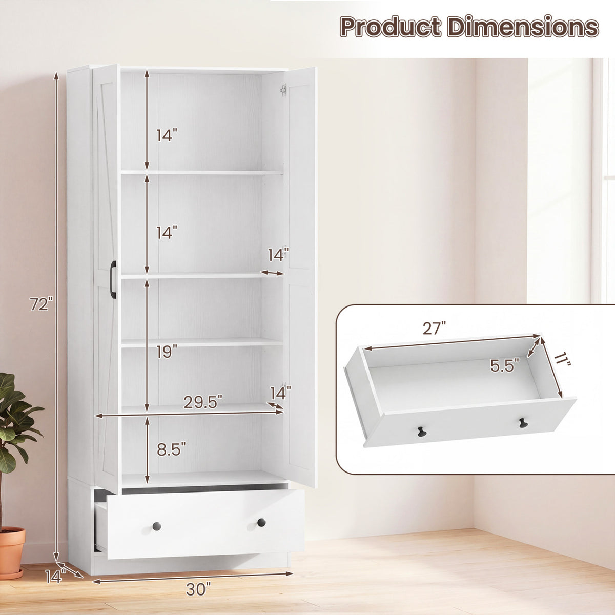 72 Inch Tall Kitchen Pantry Cabinet with Drawers - White