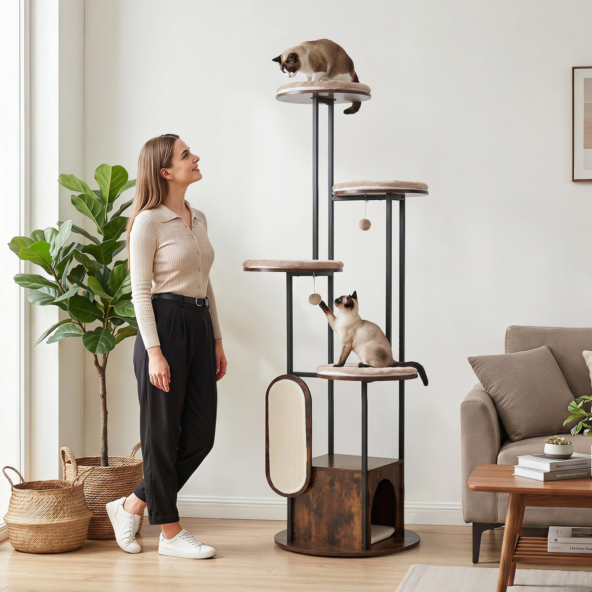 72-Inch Tall Multi-Level Cat Condo with Perches, Washable Mats, Rustic Brown