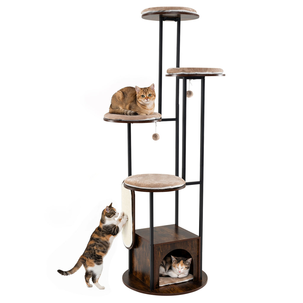 72-Inch Tall Multi-Level Cat Condo with Perches, Washable Mats, Rustic Brown