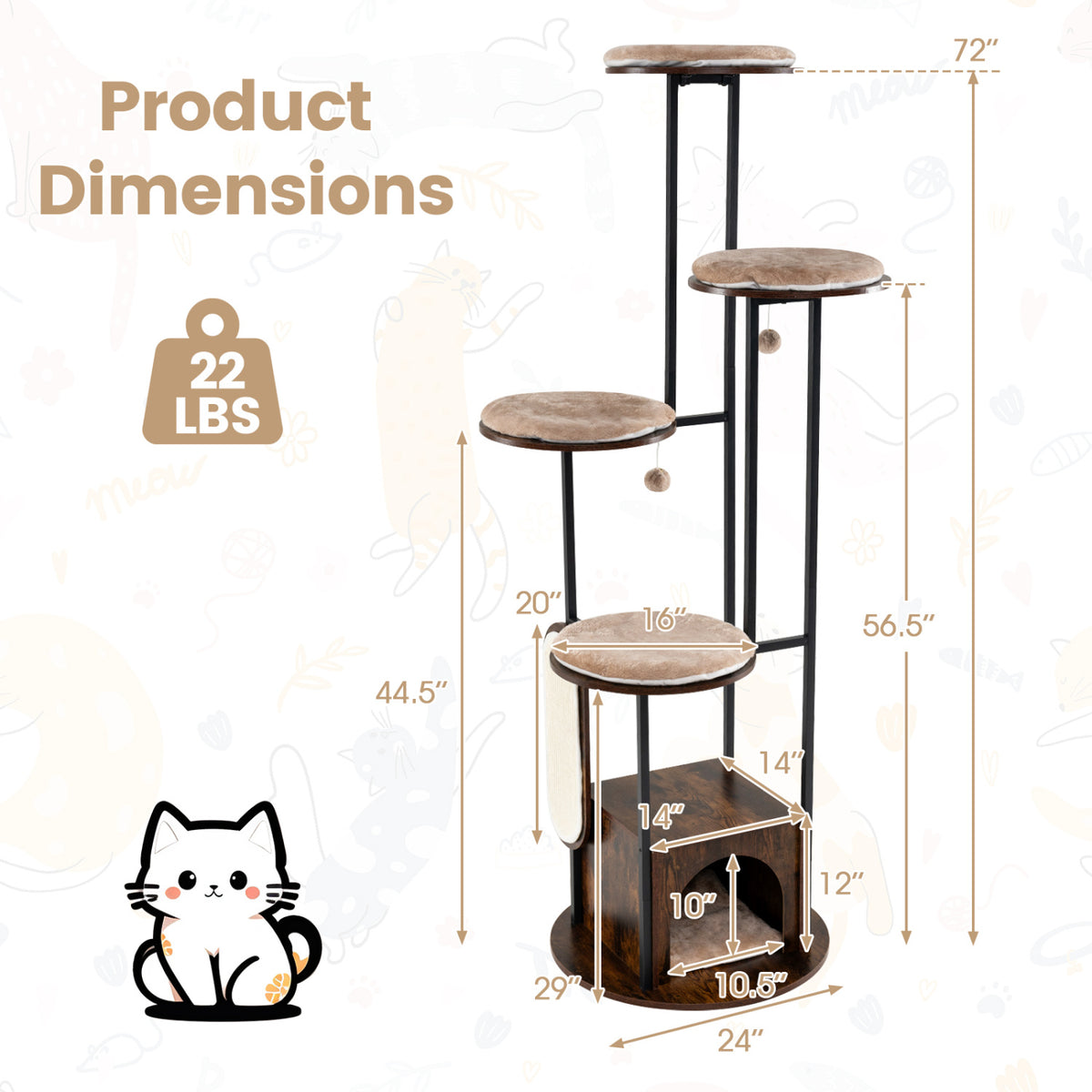 72-Inch Tall Multi-Level Cat Condo with Perches, Washable Mats, Rustic Brown