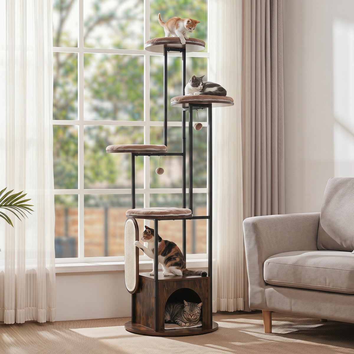 72-Inch Tall Multi-Level Cat Condo with Perches, Washable Mats, Rustic Brown