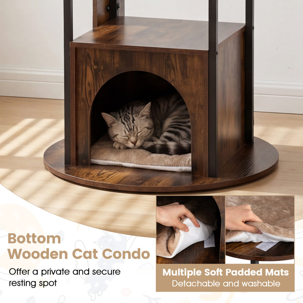 72-Inch Tall Multi-Level Cat Condo with Perches, Washable Mats, Rustic Brown