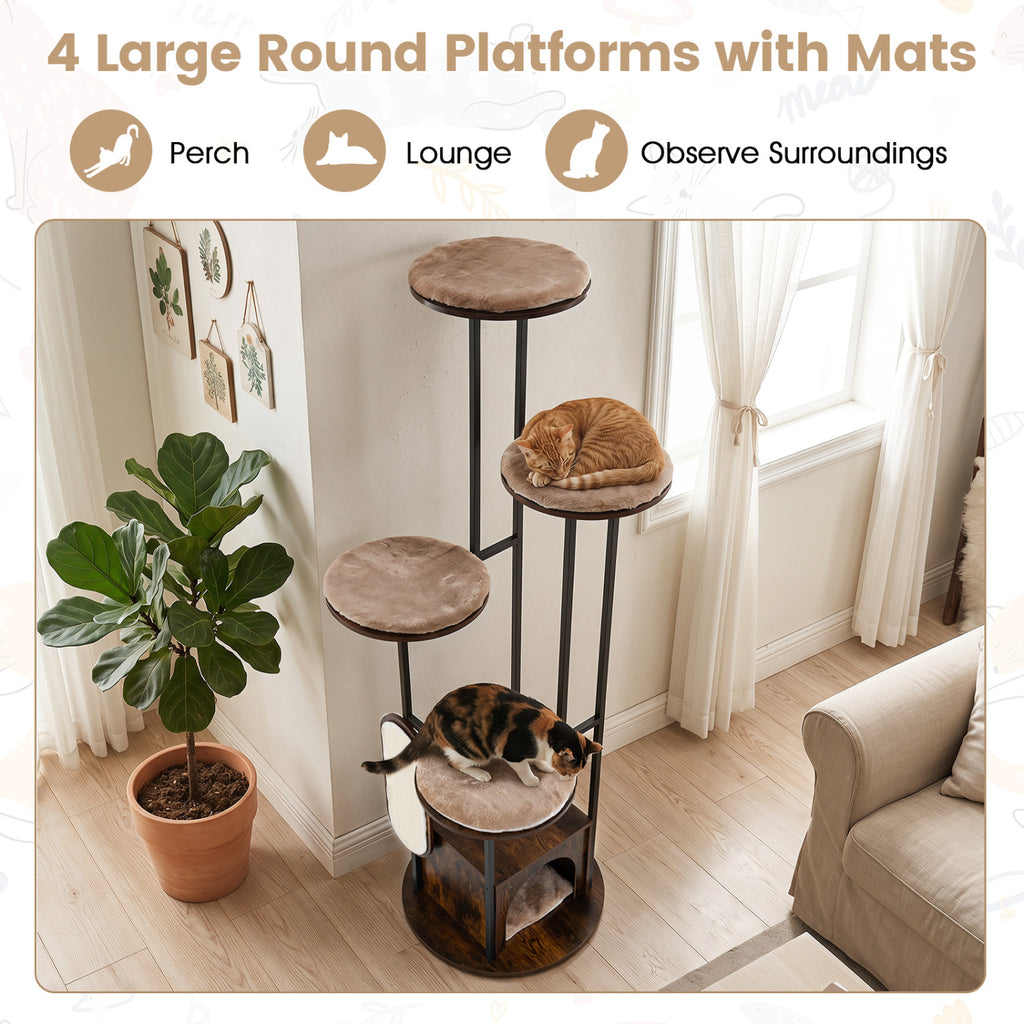 72-Inch Tall Multi-Level Cat Condo with Perches, Washable Mats, Rustic Brown