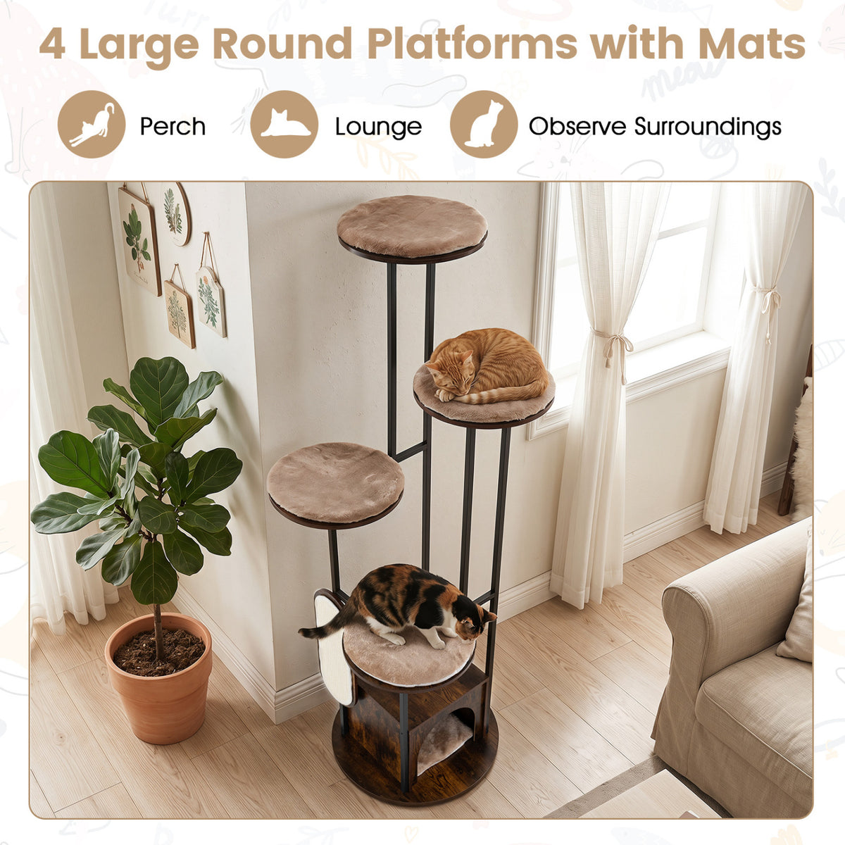 72-Inch Tall Multi-Level Cat Condo with Perches, Washable Mats, Rustic Brown