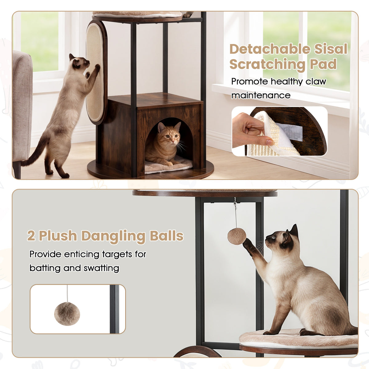 72-Inch Tall Multi-Level Cat Condo with Perches, Washable Mats, Rustic Brown