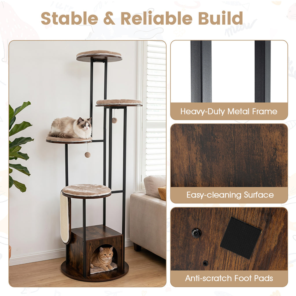 72-Inch Tall Multi-Level Cat Condo with Perches, Washable Mats, Rustic Brown