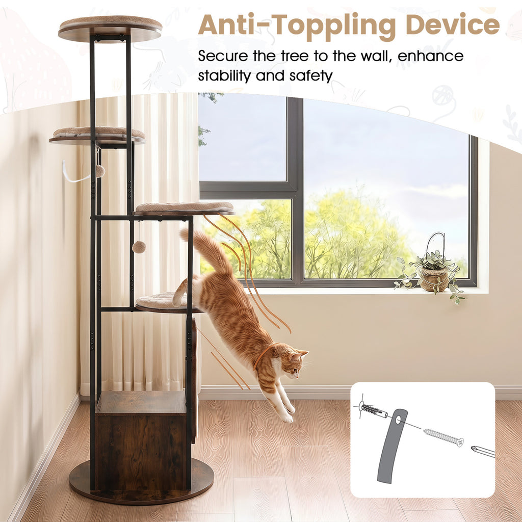 72-Inch Tall Multi-Level Cat Condo with Perches, Washable Mats, Rustic Brown