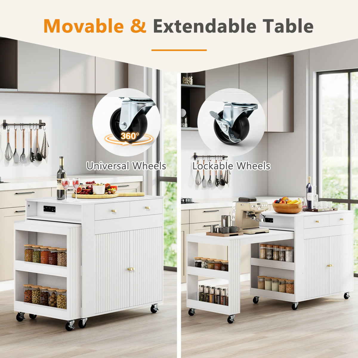 72" Kitchen Island with Extendable Dining Table - White