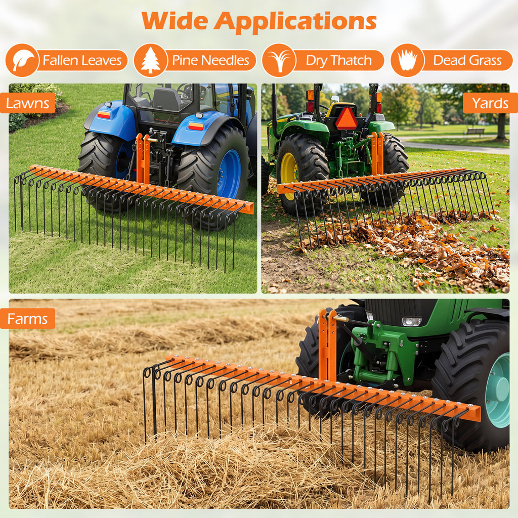 72" Pine Straw Rake with 30 Metal Coil Tines for Grass