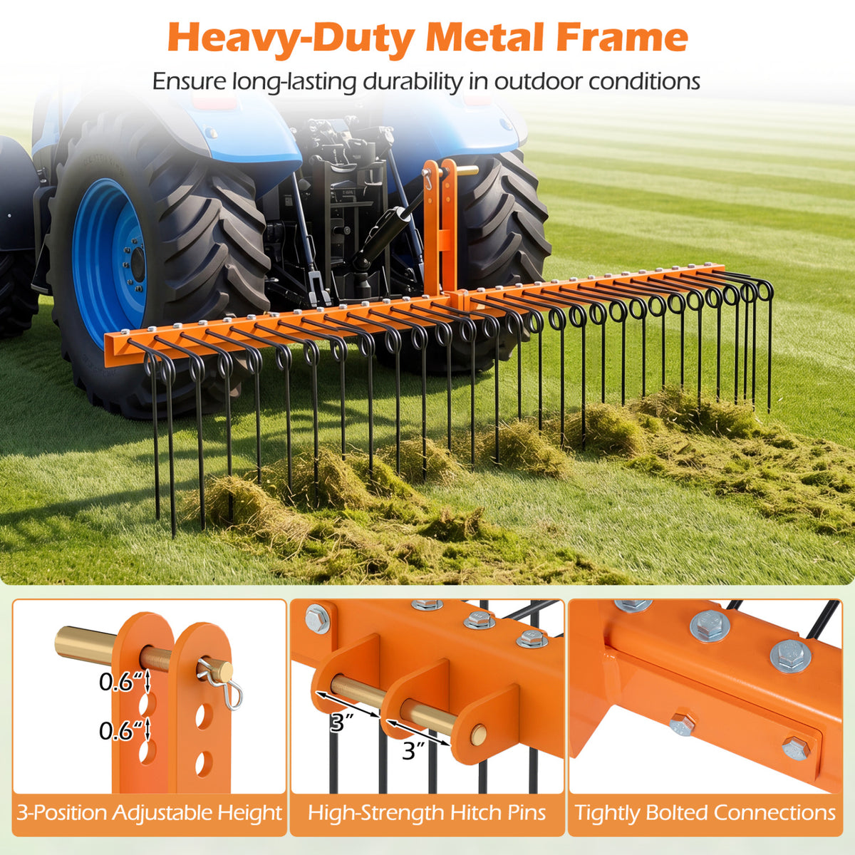 72" Pine Straw Rake with 30 Metal Coil Tines for Grass