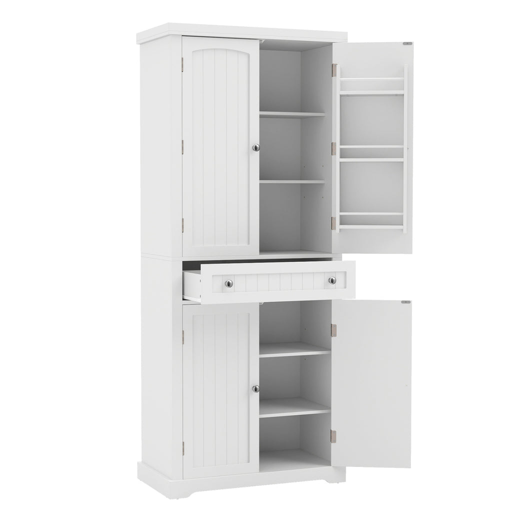 72" Tall Kitchen Pantry Cabinet with 4 Fluted Doors - White