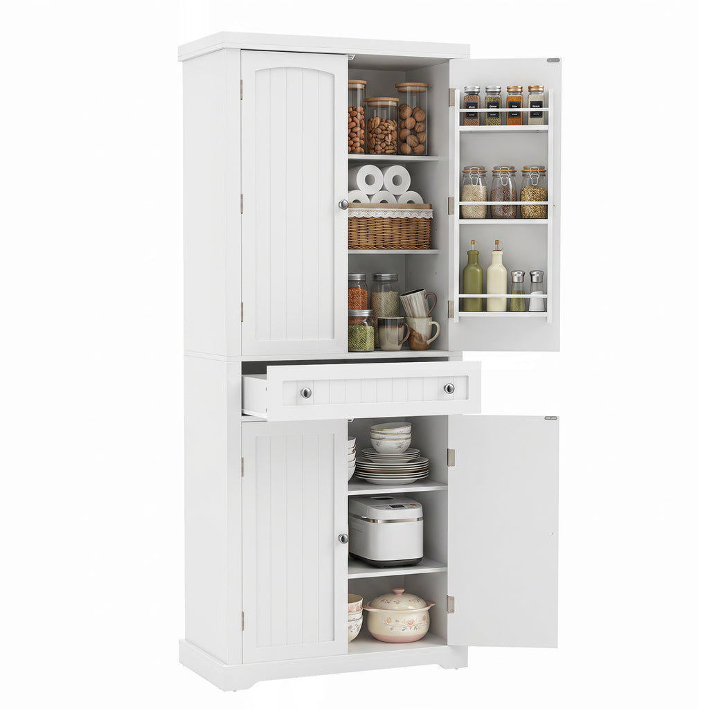 72" Tall Kitchen Pantry Cabinet with 4 Fluted Doors - White