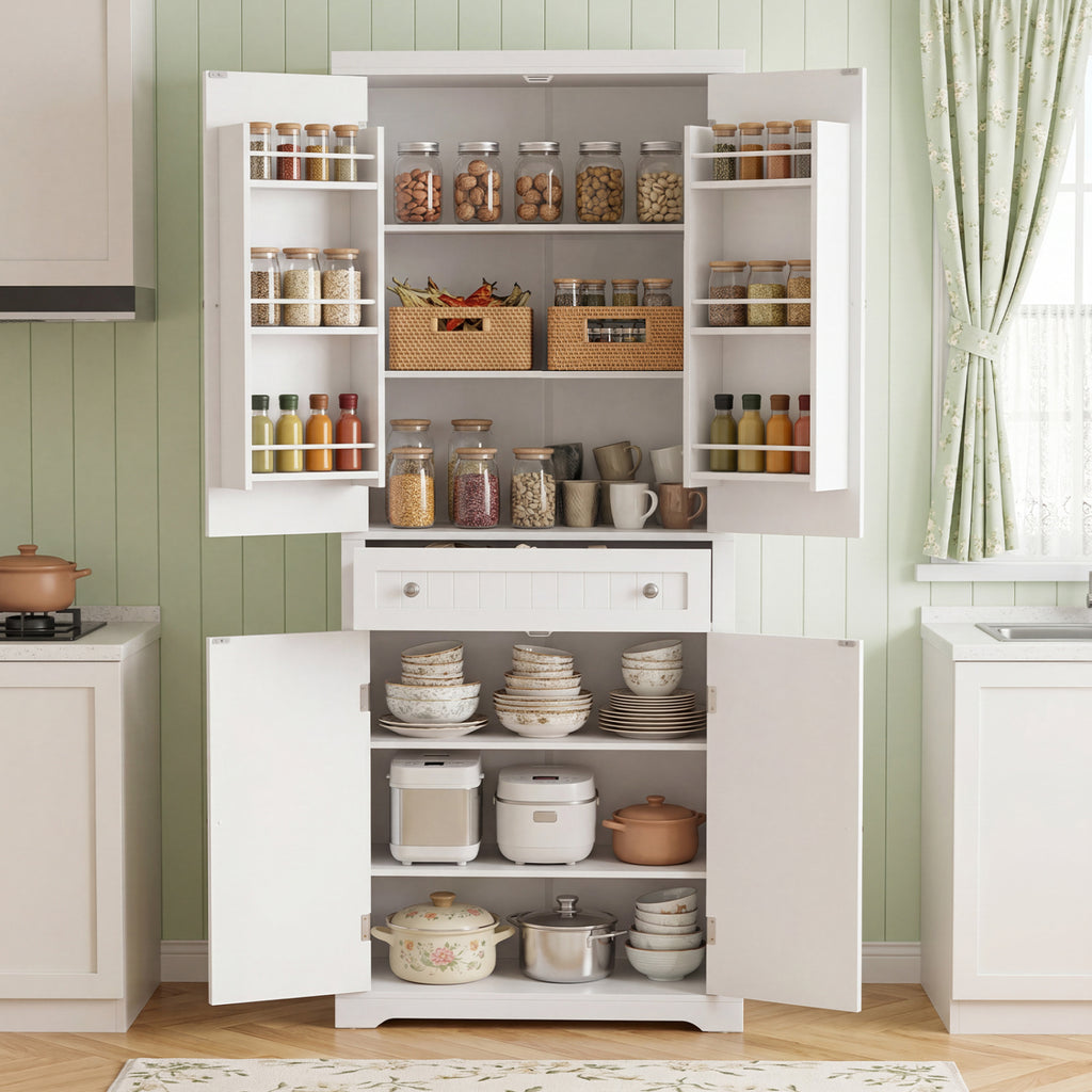 72" Tall Kitchen Pantry Cabinet with 4 Fluted Doors - White