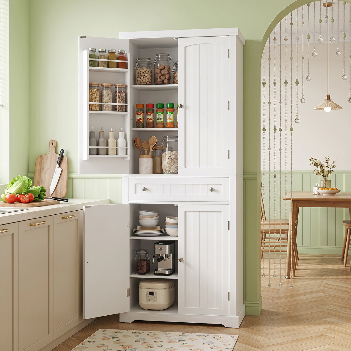 72" Tall Kitchen Pantry Cabinet with 4 Fluted Doors - White