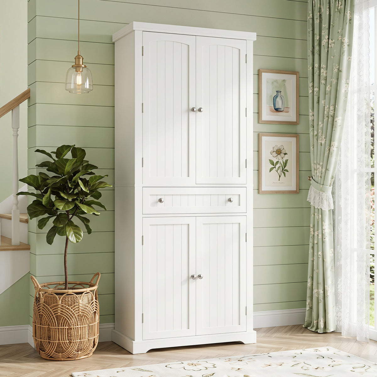 72" Tall Kitchen Pantry Cabinet with 4 Fluted Doors - White