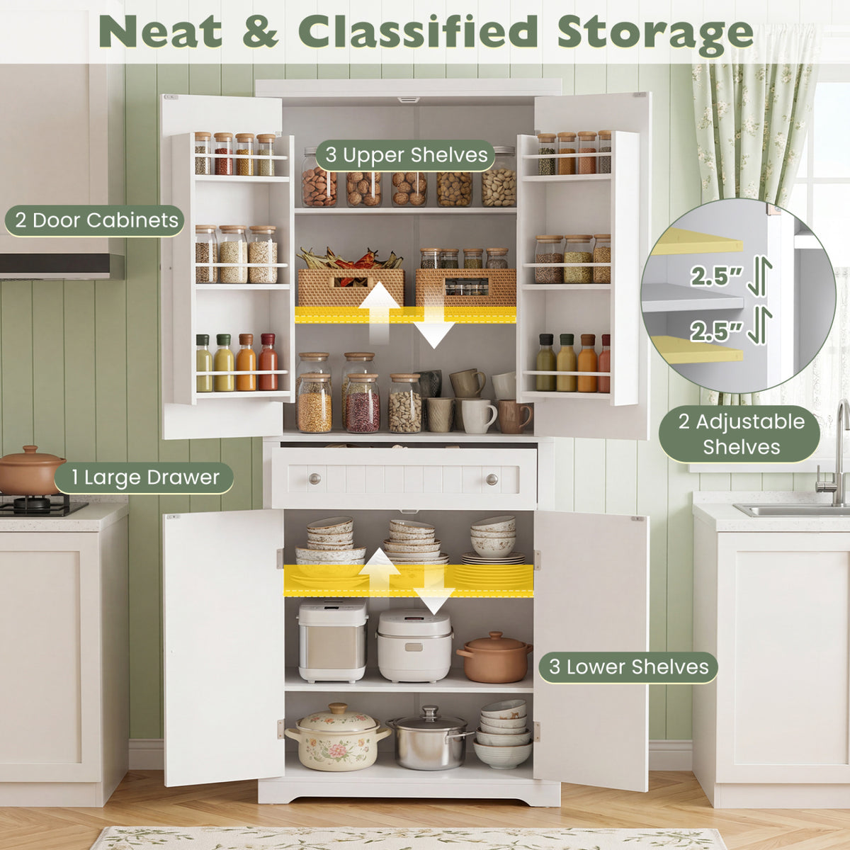 72" Tall Kitchen Pantry Cabinet with 4 Fluted Doors - White
