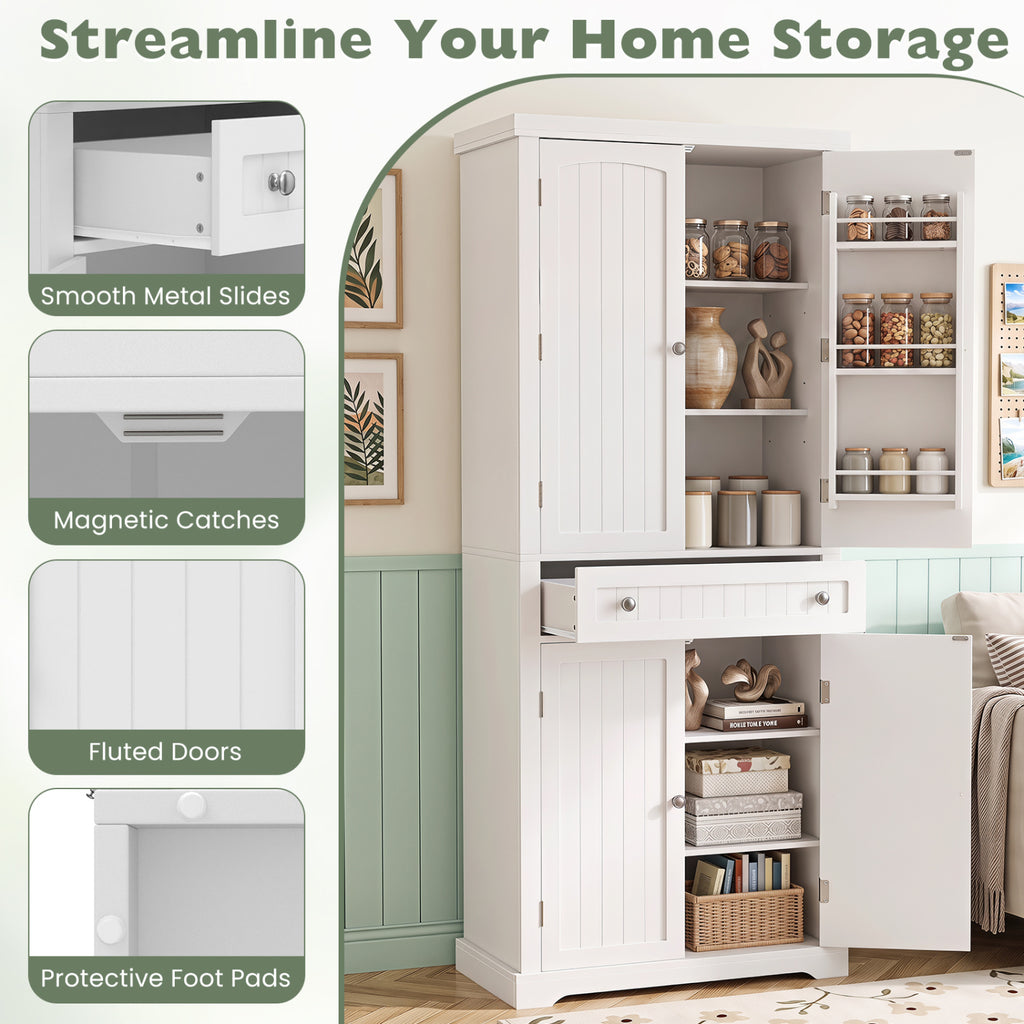 72" Tall Kitchen Pantry Cabinet with 4 Fluted Doors - White
