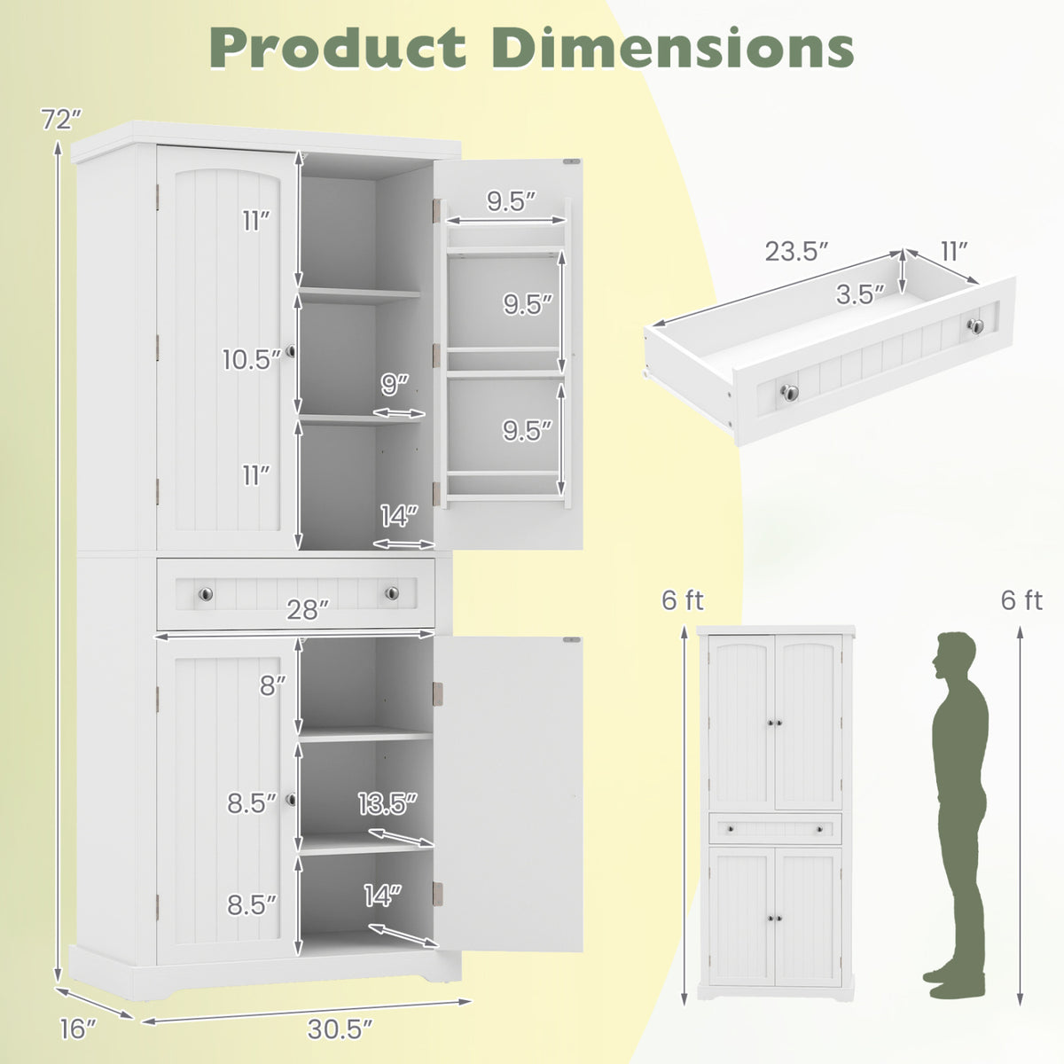72" Tall Kitchen Pantry Cabinet with 4 Fluted Doors - White