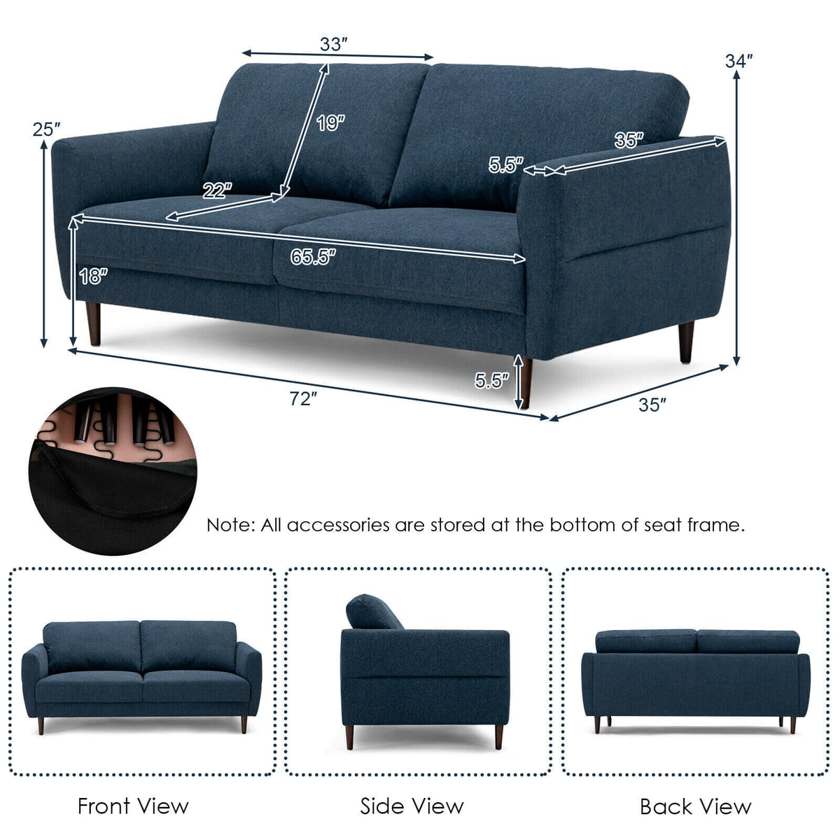 72 Inch Fabric Loveseat Sofa with Solid Frame - Navy