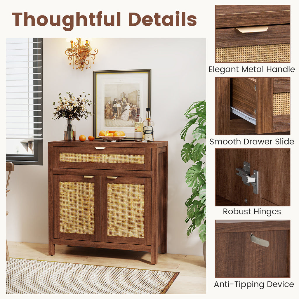 Sideboard Storage Cabinet with Rattan Doors and Large Drawer - Brown