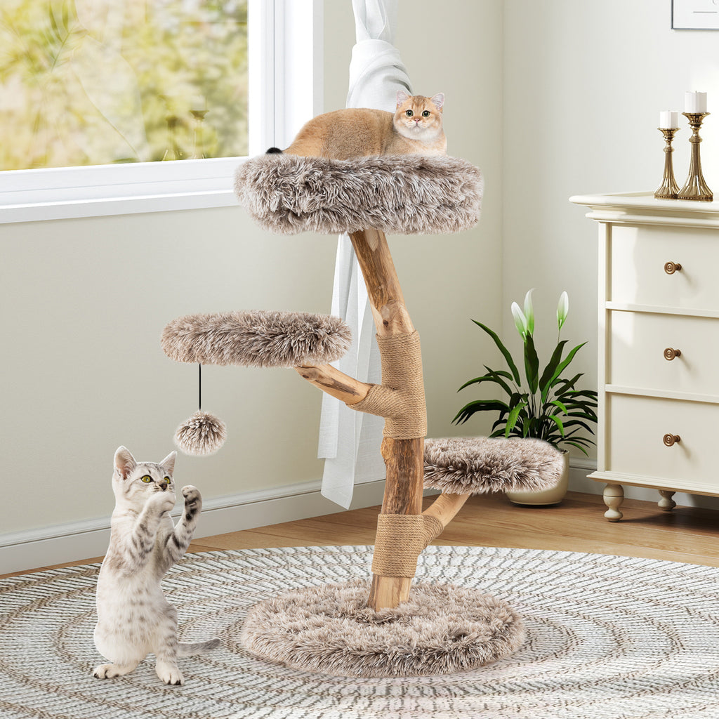Cat Tree Solid Pear Wood with Perch and Jute Scratching Posts - White Variation