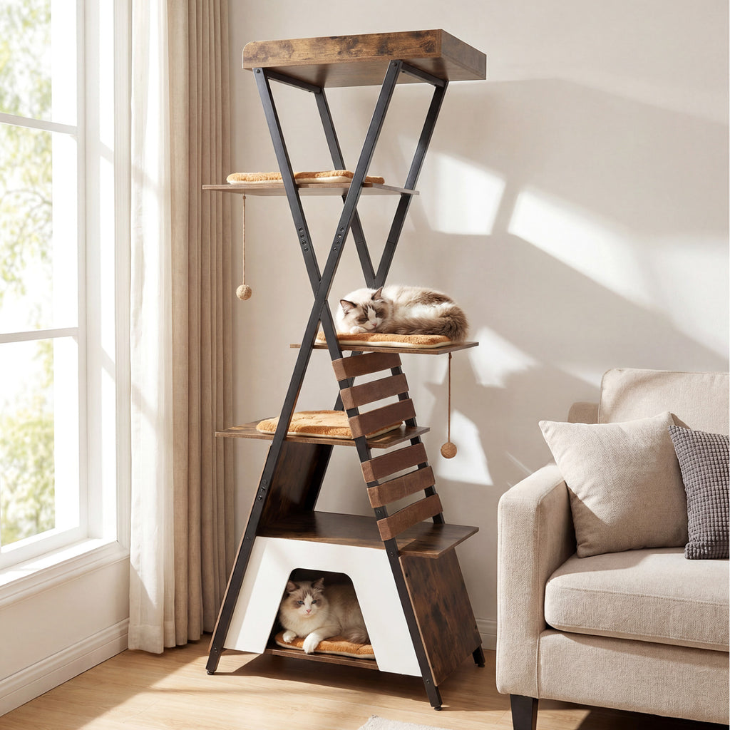 Rustic Brown 73-Inch Multi-Level Cat Tree with Condo & Perches for Indoor Cats