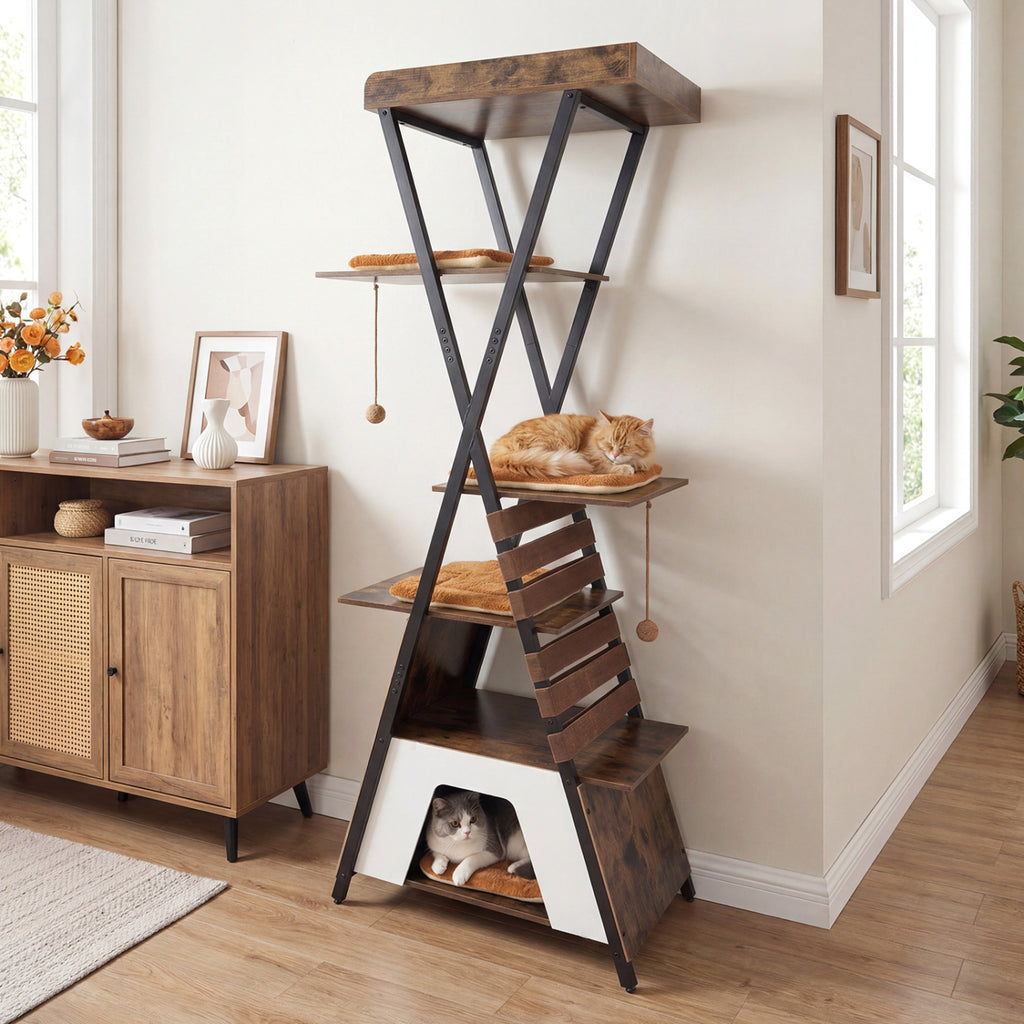 Rustic Brown 73-Inch Multi-Level Cat Tree with Condo & Perches for Indoor Cats