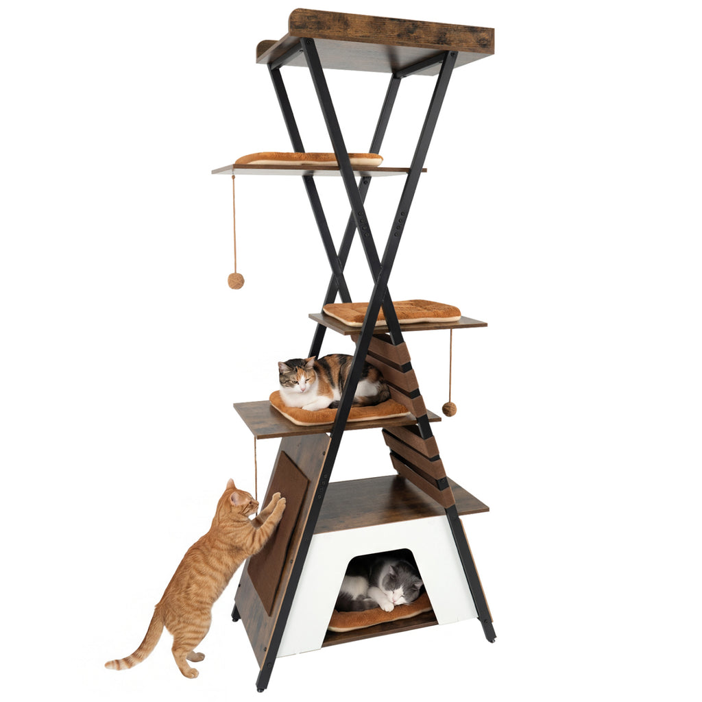 Rustic Brown 73-Inch Multi-Level Cat Tree with Condo & Perches for Indoor Cats