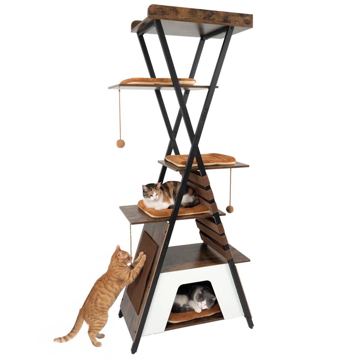 Rustic Brown 73-Inch Multi-Level Cat Tree with Condo & Perches for Indoor Cats
