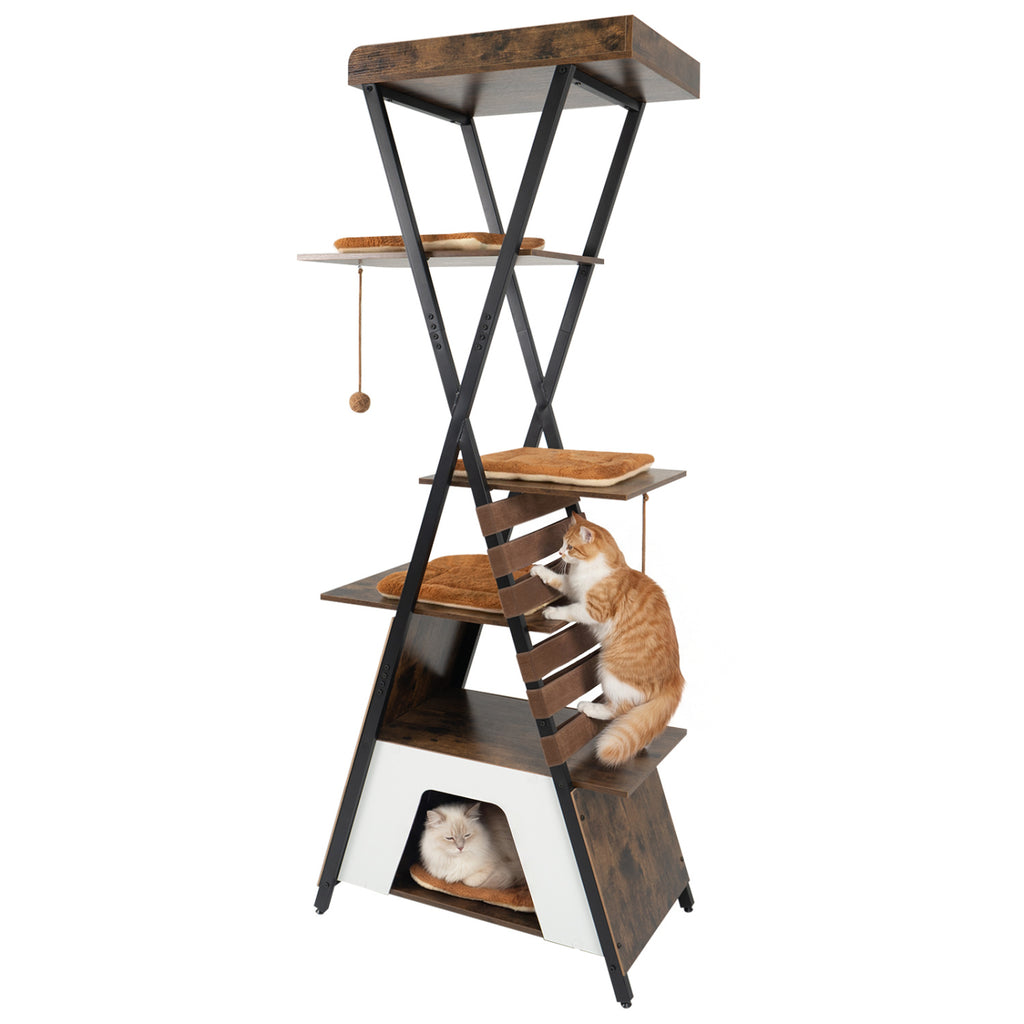 Rustic Brown 73-Inch Multi-Level Cat Tree with Condo & Perches for Indoor Cats