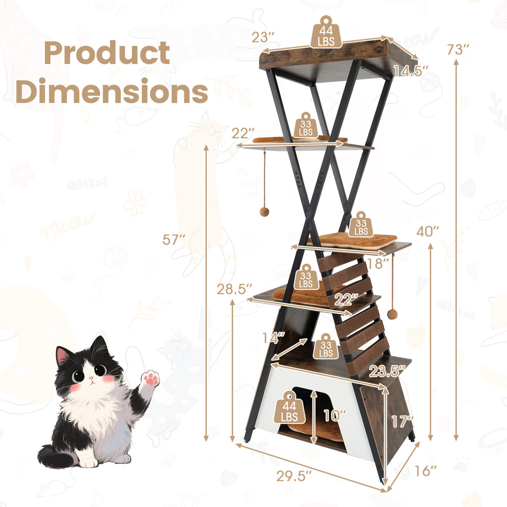 Rustic Brown 73-Inch Multi-Level Cat Tree with Condo & Perches for Indoor Cats