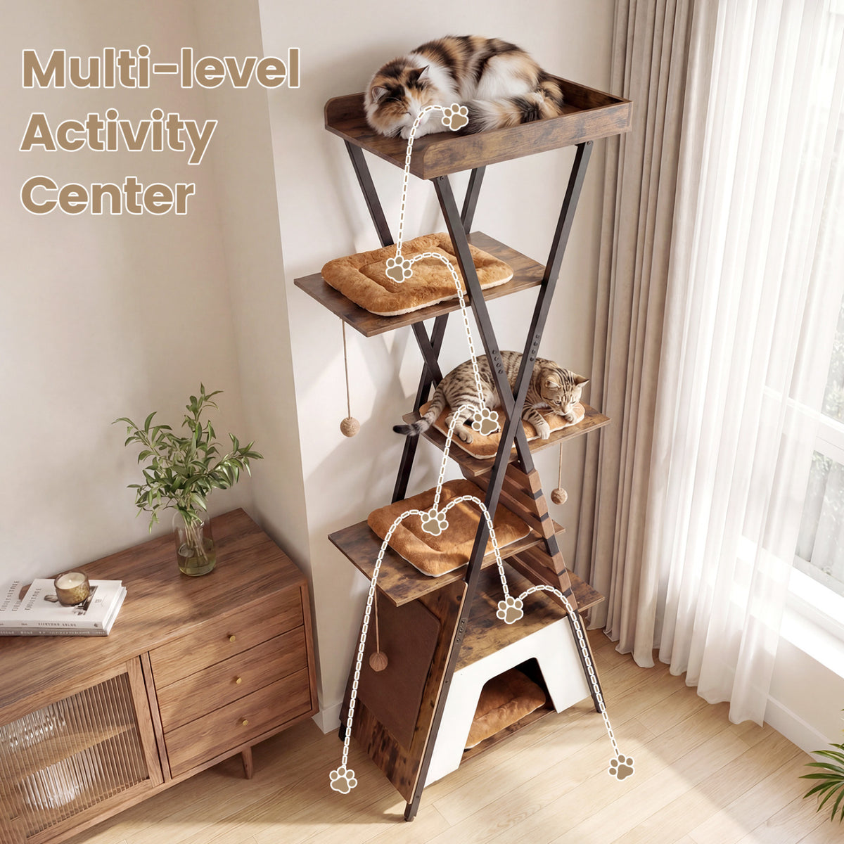 Rustic Brown 73-Inch Multi-Level Cat Tree with Condo & Perches for Indoor Cats