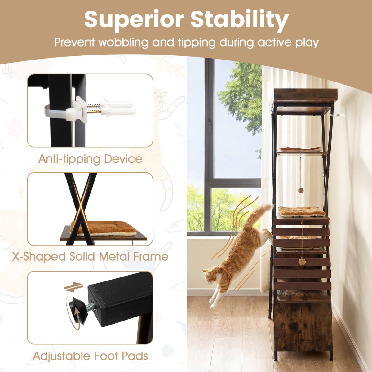 Rustic Brown 73-Inch Multi-Level Cat Tree with Condo & Perches for Indoor Cats