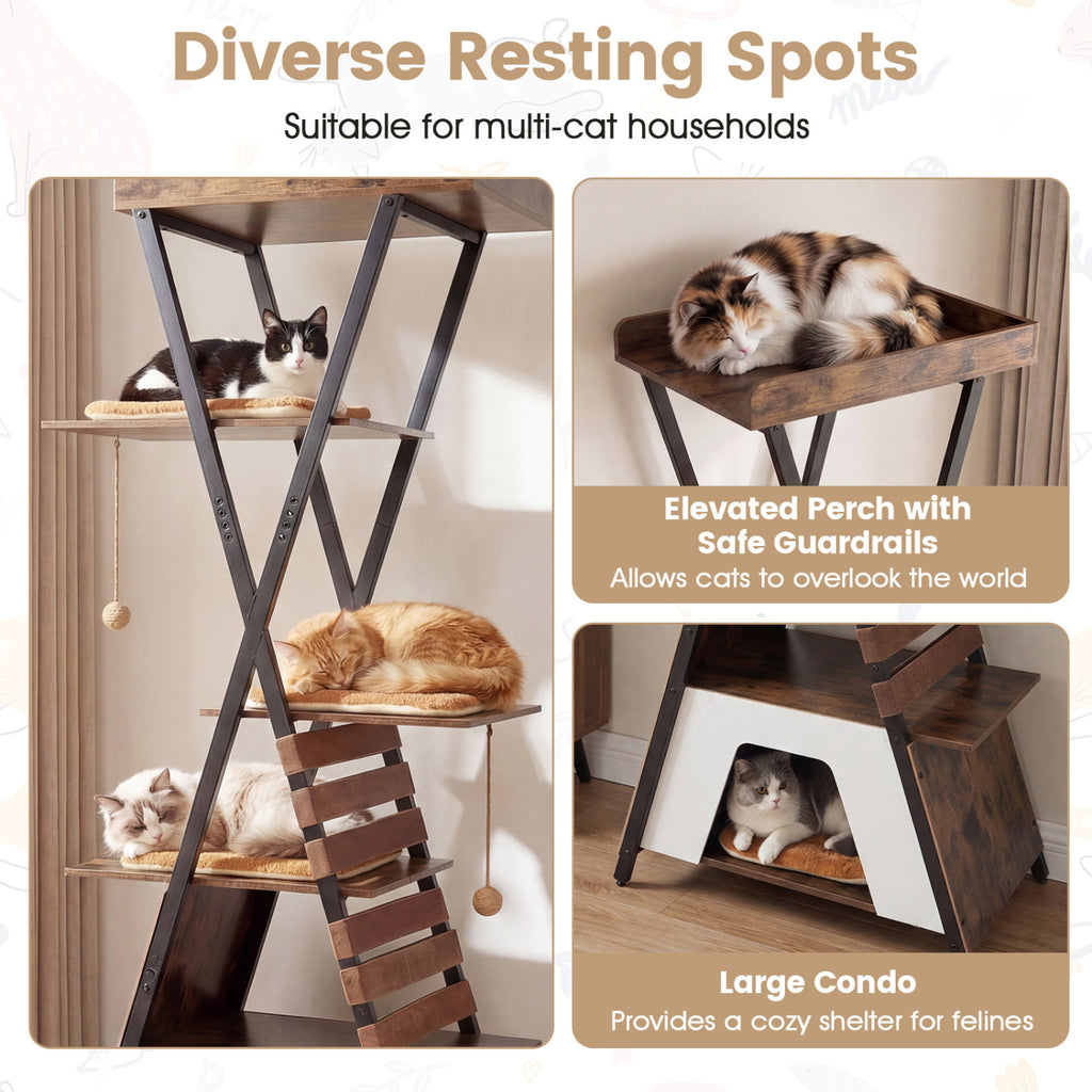 Rustic Brown 73-Inch Multi-Level Cat Tree with Condo & Perches for Indoor Cats
