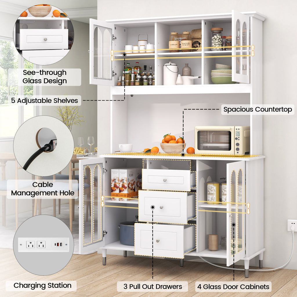 73-Inch Kitchen Pantry Storage Cabinet with LED Lights, White