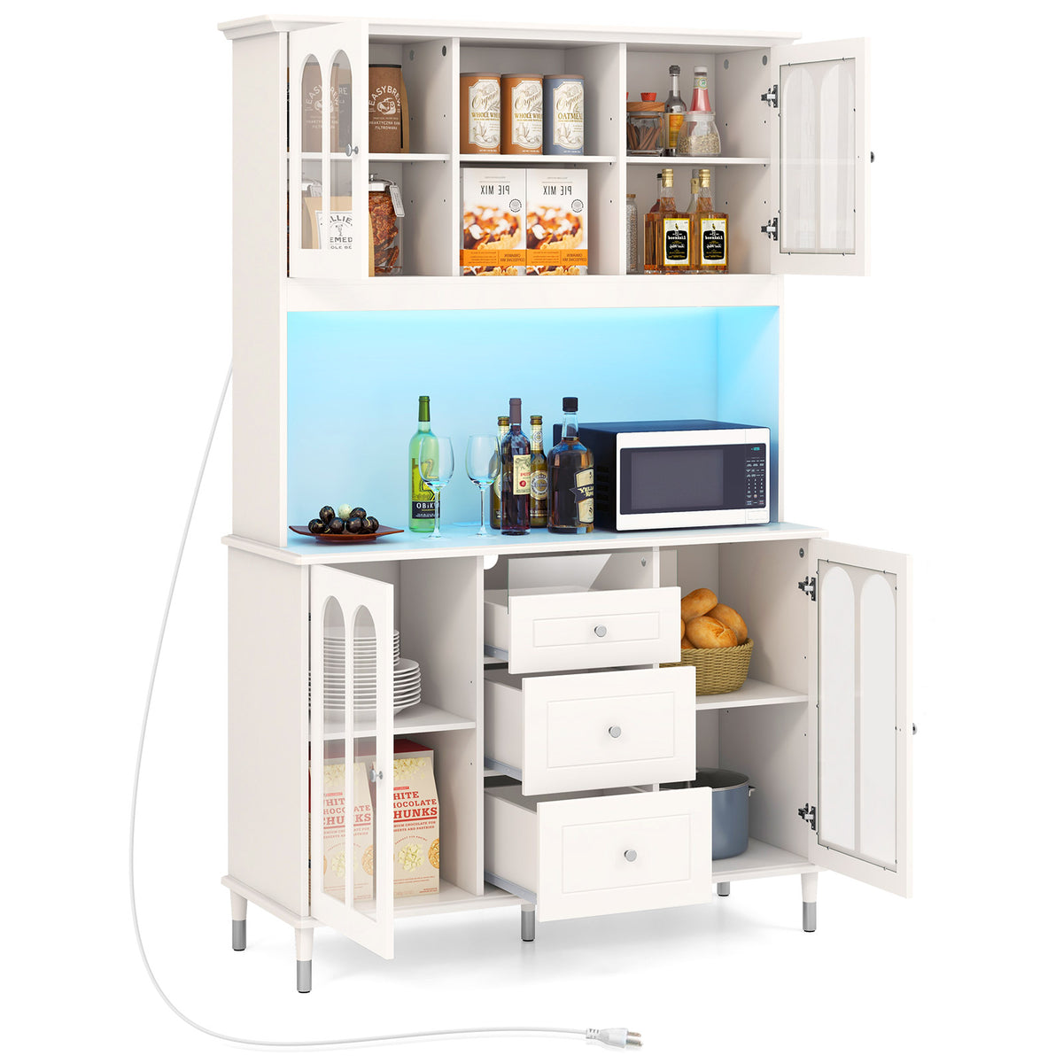 73-Inch Kitchen Pantry Storage Cabinet with LED Lights, White