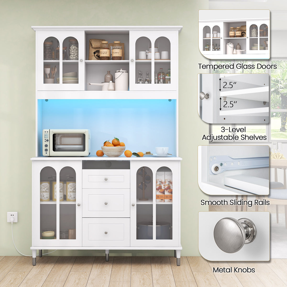 73-Inch Kitchen Pantry Storage Cabinet with LED Lights, White