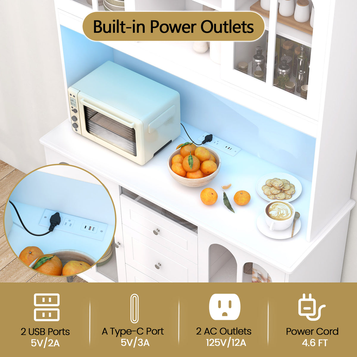 73-Inch Kitchen Pantry Storage Cabinet with LED Lights, White