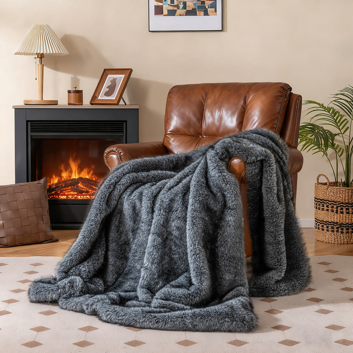 Faux Wolf Fur Blanket for Sofas - 740GSM, Gray