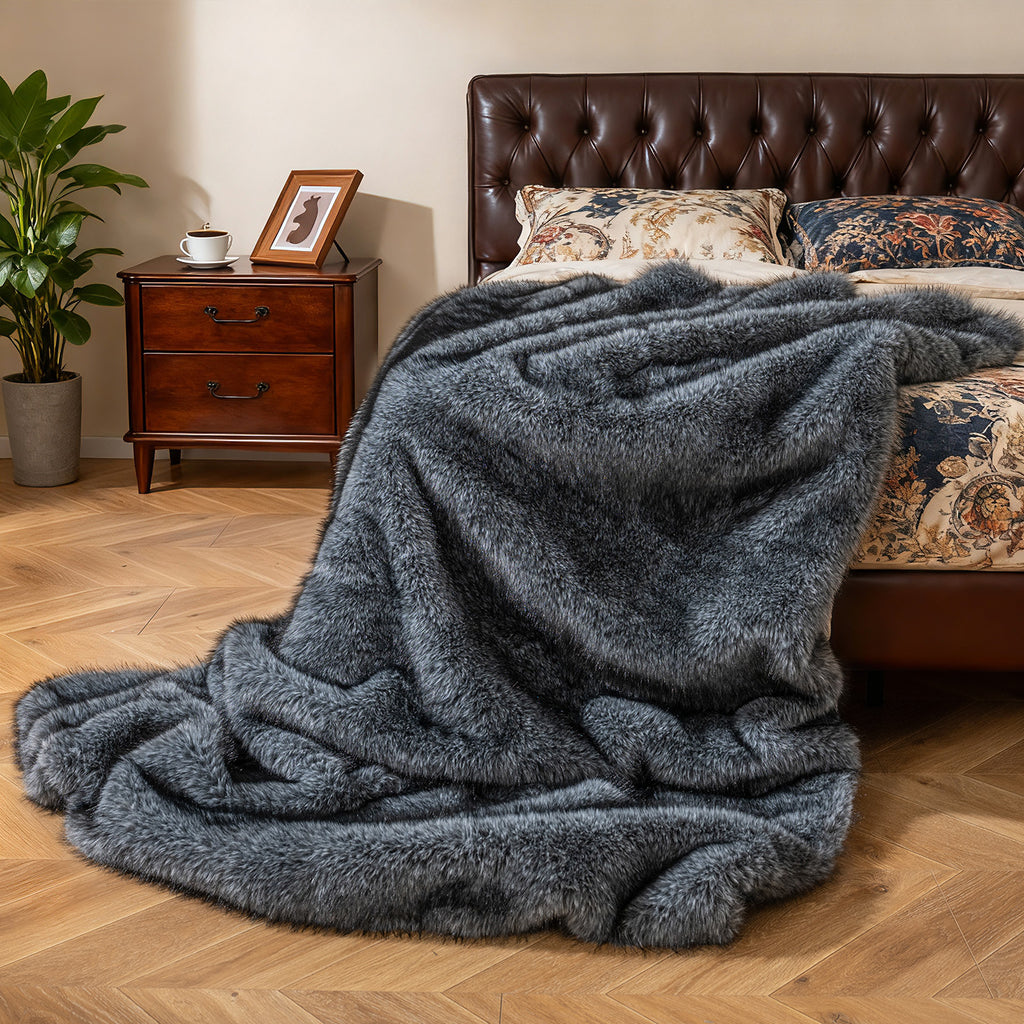 Faux Wolf Fur Blanket for Sofas - 740GSM, Gray
