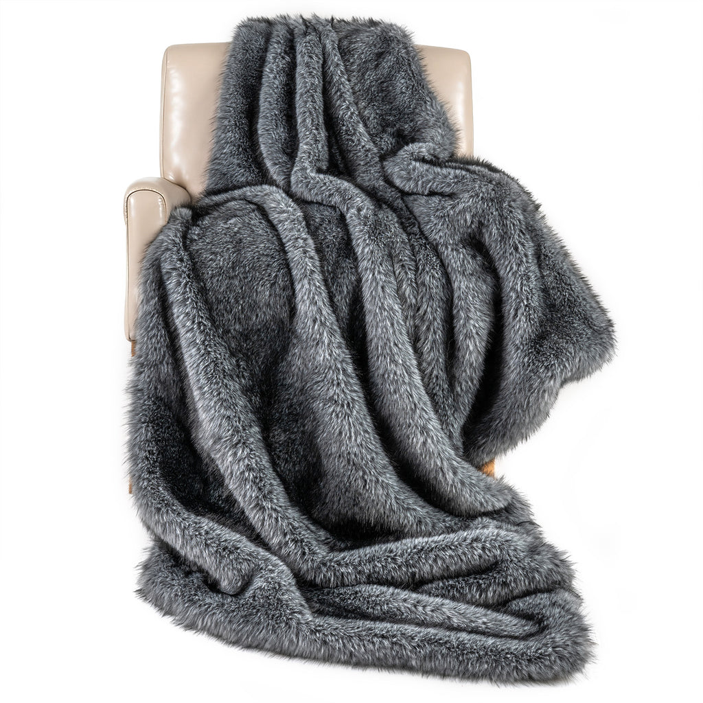 Faux Wolf Fur Blanket for Sofas - 740GSM, Gray