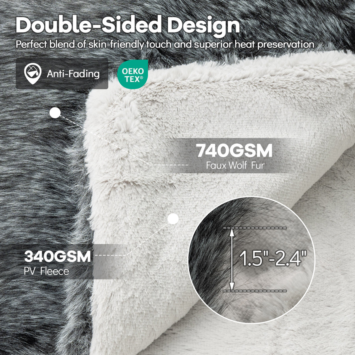 Faux Wolf Fur Blanket for Sofas - 740GSM, Gray