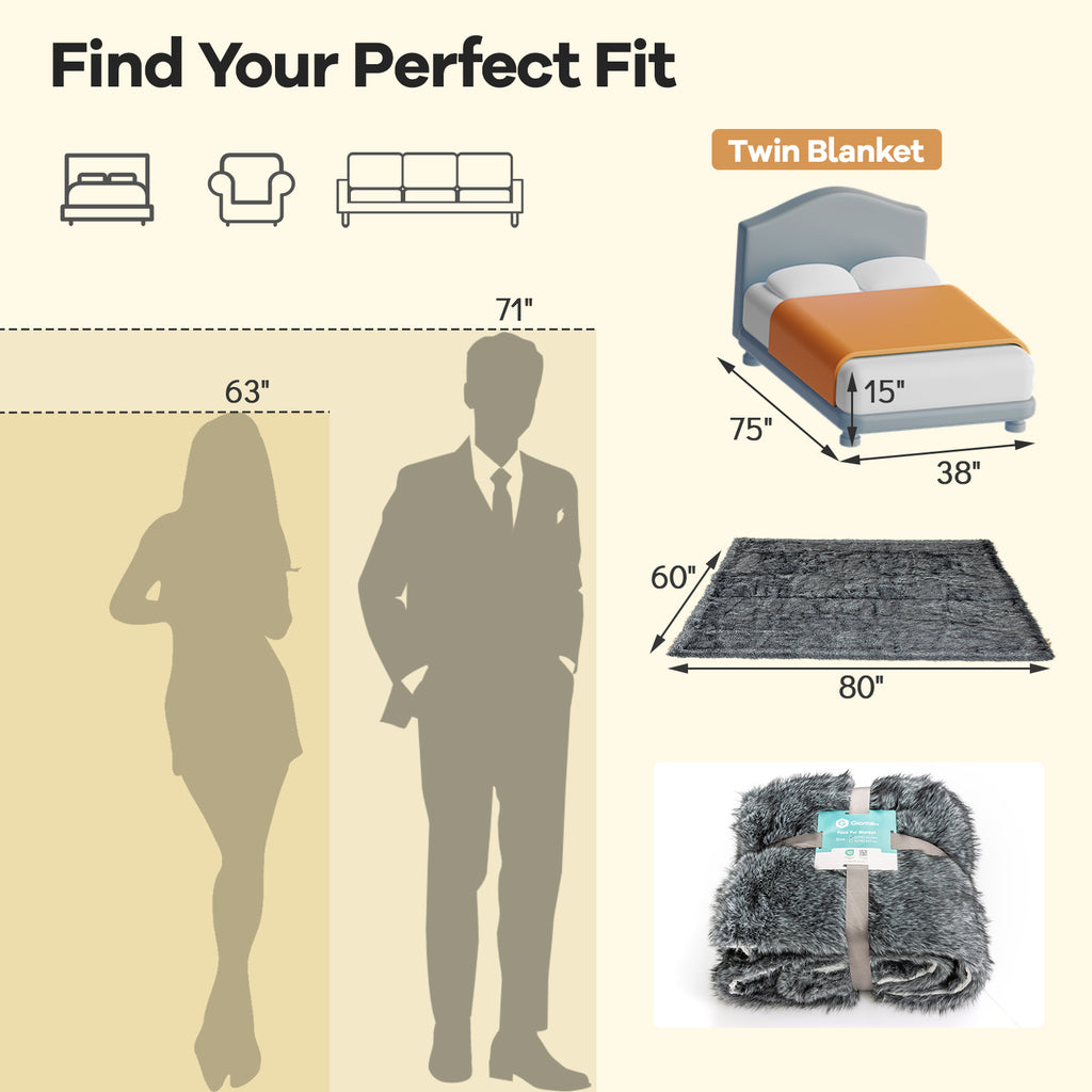 Faux Wolf Fur Blanket for Sofas - 740GSM, Gray