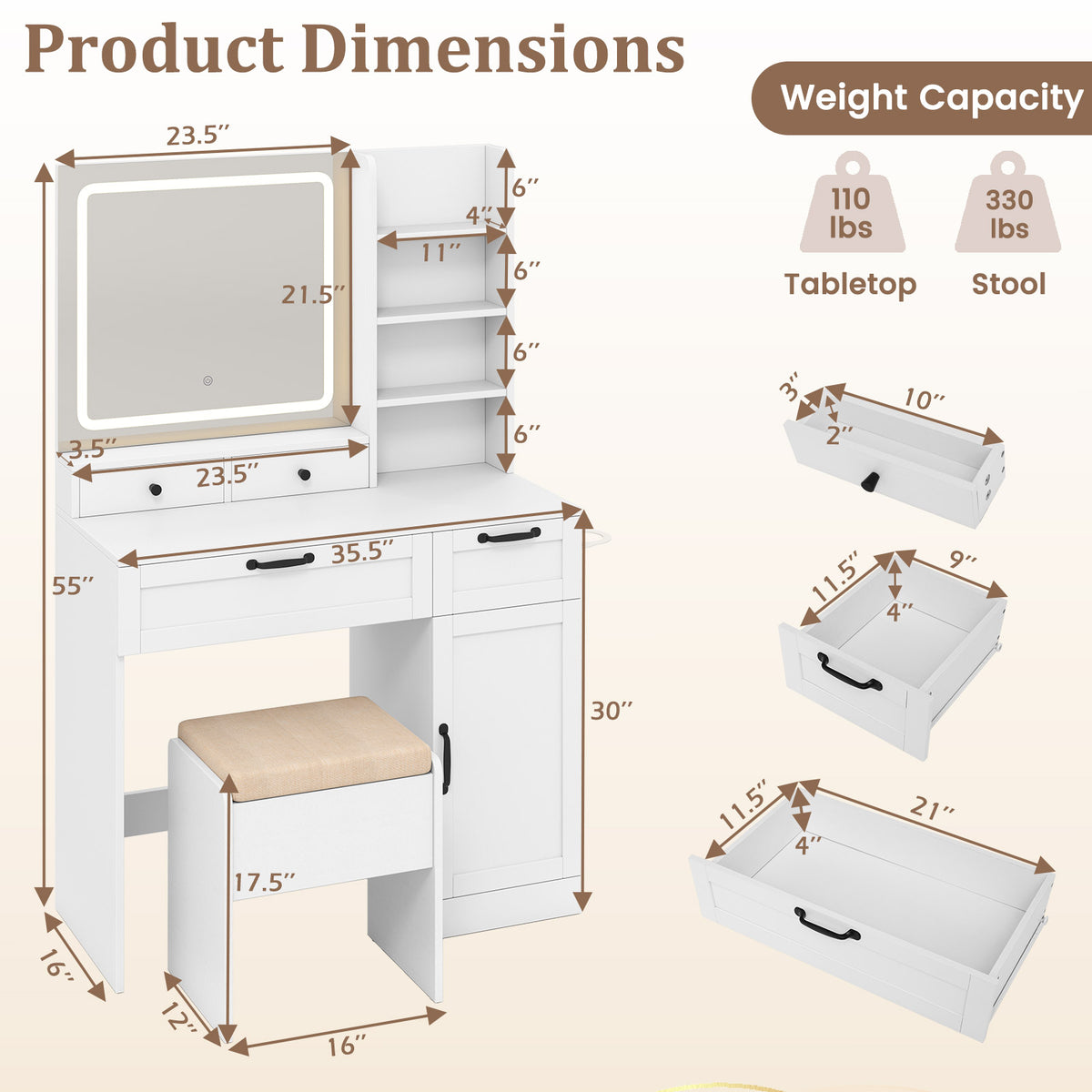 Makeup Vanity Set with Mirror, 3-Color Lighting & Stool – White